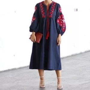 Zara navy blue red embroidered midi dress